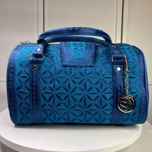 Blue Banda Barrel Bag With Intricate Embroidery & Detachable Charm